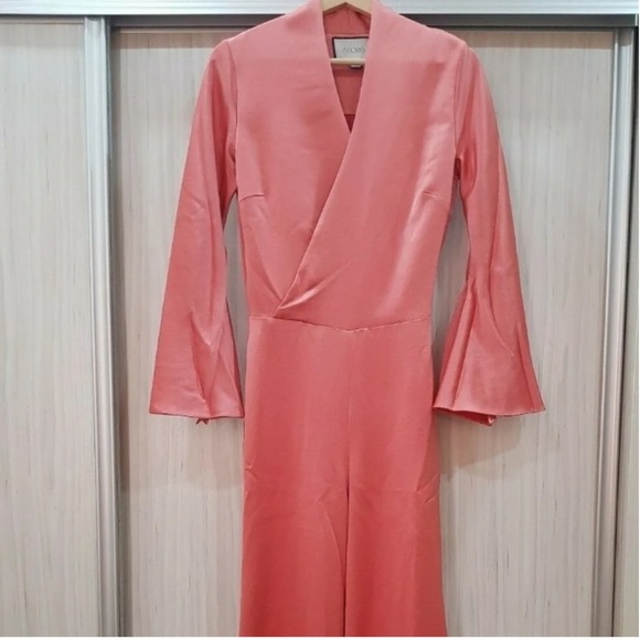 $724 ALEXIS “Raine” Flared Satin Jumpsuit in Rose Madder - Picture 2 of 16